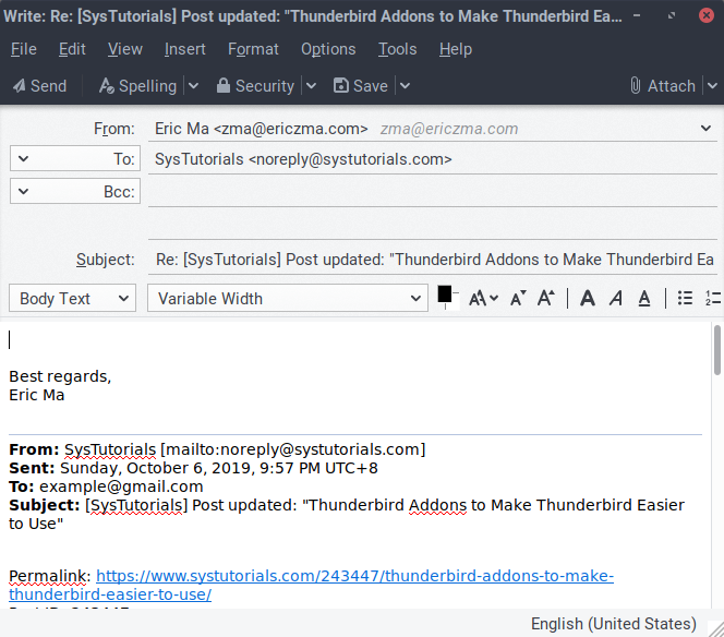 Aviation Solar eclipse Rational Outlook-style Email Reply Header in Thunderbird - SysTutorials