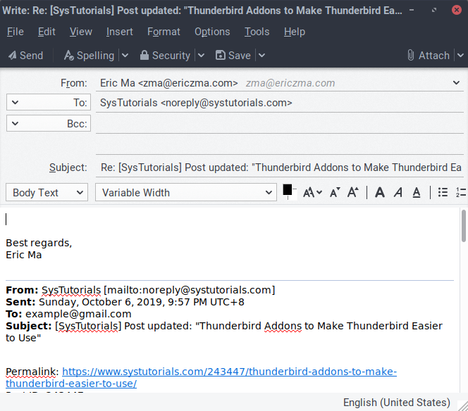 mailbird how to change from address in reply